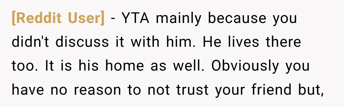 [Reddit User] − YTA mainly because you didn't discuss it with him. He lives there too. It is his home as well. Obviously you have no reason to not trust...