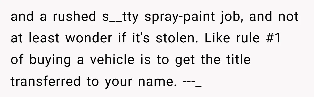 and a rushed s__tty spray-paint job, and not at least wonder if it's stolen. Like rule #1 of buying a vehicle is to get the title transferred to your name....