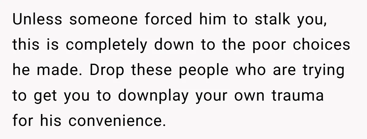 Unless someone forced him to stalk you, this is completely down to the poor choices he made. Drop these people who are trying to get you to downplay your own...