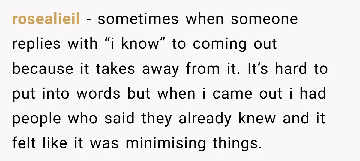 rosealieil − sometimes when someone replies with “i know” to coming out because it takes away from it. It’s hard to put into words but when i came out i...
