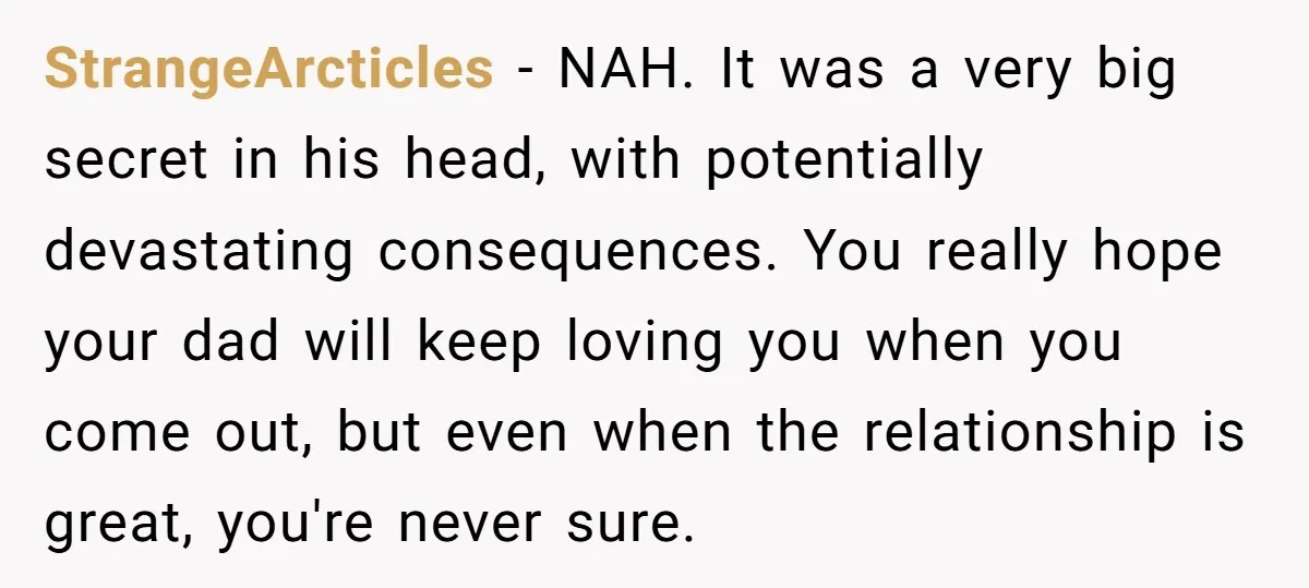 StrangeArcticles − NAH. It was a very big secret in his head, with potentially devastating consequences. You really hope your dad will keep loving you when you come out, but...