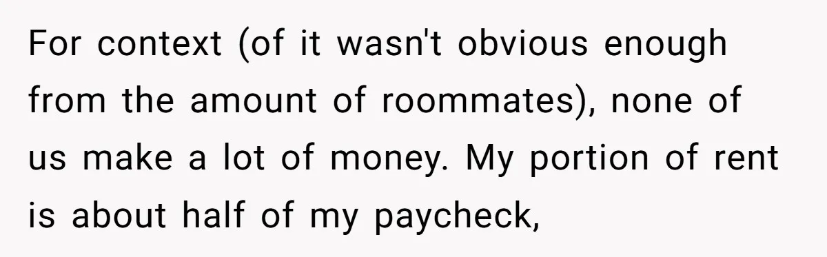 For context (of it wasn't obvious enough from the amount of roommates), none of us make a lot of money. My portion of rent is about half of my paycheck,