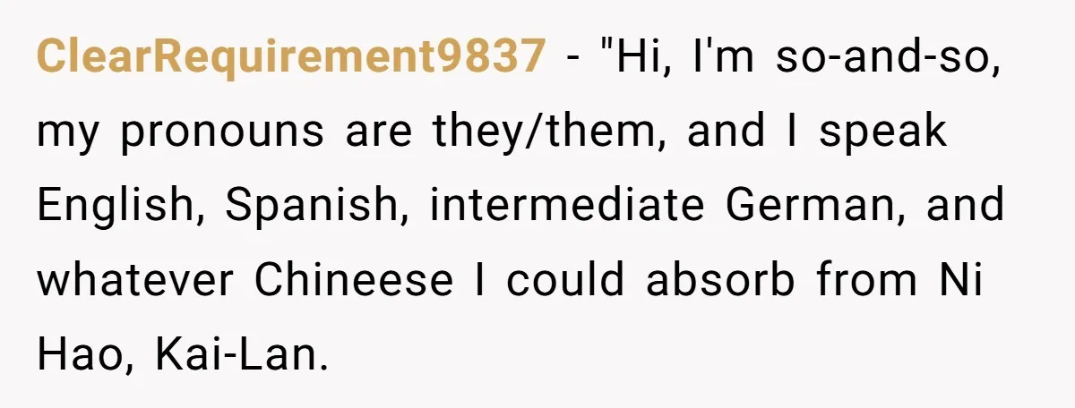 ClearRequirement9837 − "Hi, I'm so-and-so, my pronouns are they/them, and I speak English, Spanish, intermediate German, and whatever Chineese I could absorb from Ni Hao, Kai-Lan.