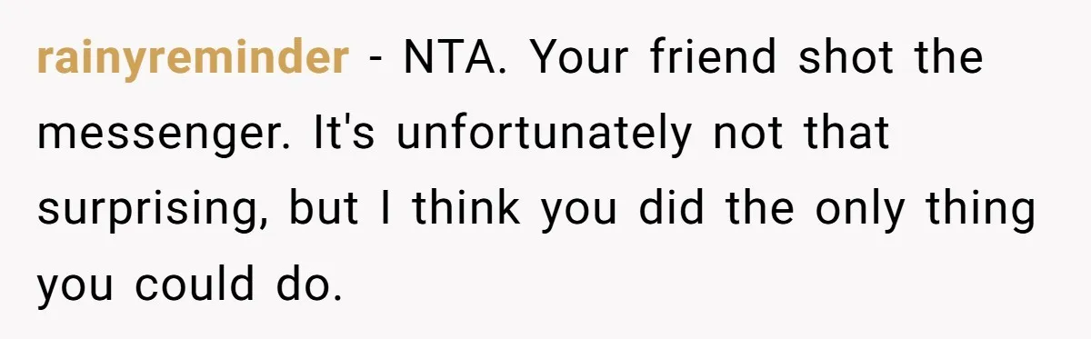 rainyreminder − NTA. Your friend shot the messenger. It's unfortunately not that surprising, but I think you did the only thing you could do.