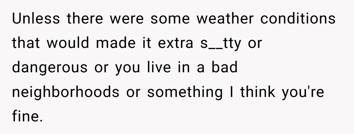 Unless there were some weather conditions that would made it extra s__tty or dangerous or you live in a bad neighborhoods or something I think you're fine.
