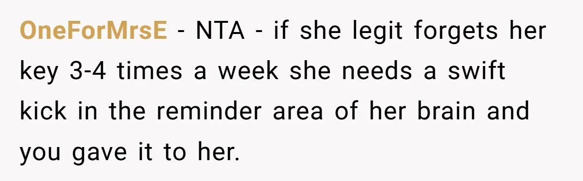 OneForMrsE - NTA - if she legit forgets her key 3-4 times a week she needs a swift kick in the reminder area of her brain and you gave it...
