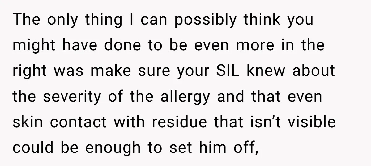 The only thing I can possibly think you might have done to be even more in the right was make sure your SIL knew about the severity of the allergy...