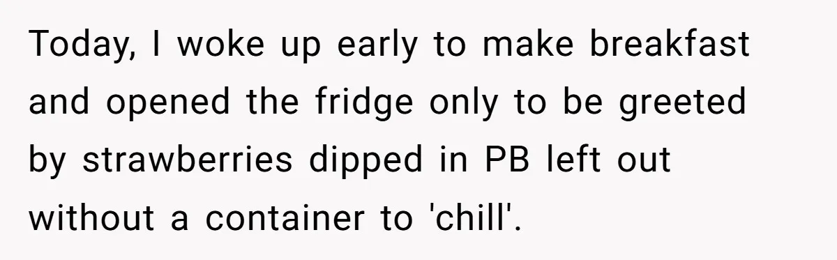 Today, I woke up early to make breakfast and opened the fridge only to be greeted by strawberries dipped in PB left out without a container to 'chill'.