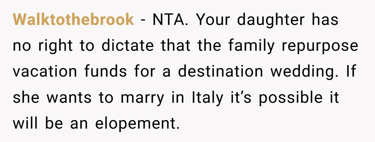 Walktothebrook - NTA. Your daughter has no right to dictate that the family repurpose vacation funds for a destination wedding. If she wants to marry in Italy it’s possible it...