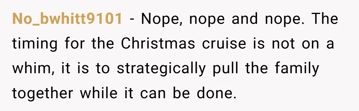 No_bwhitt9101 - Nope, nope and nope. The timing for the Christmas cruise is not on a whim, it is to strategically pull the family together while it can be done.