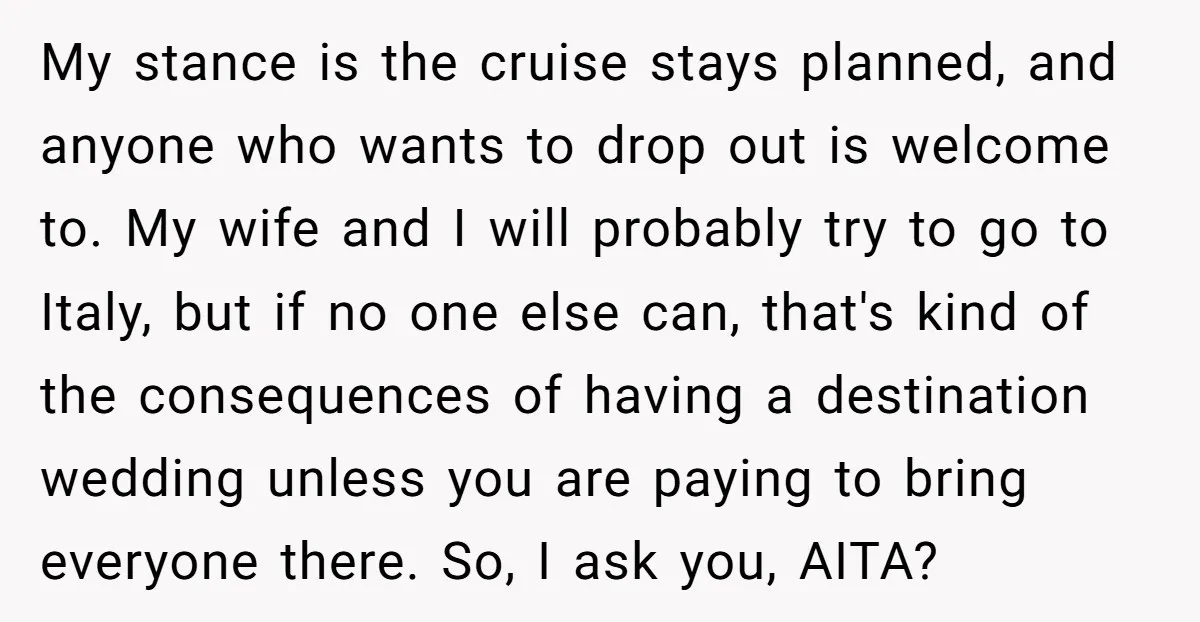 My stance is the cruise stays planned, and anyone who wants to drop out is welcome to. My wife and I will probably try to go to Italy, but if...