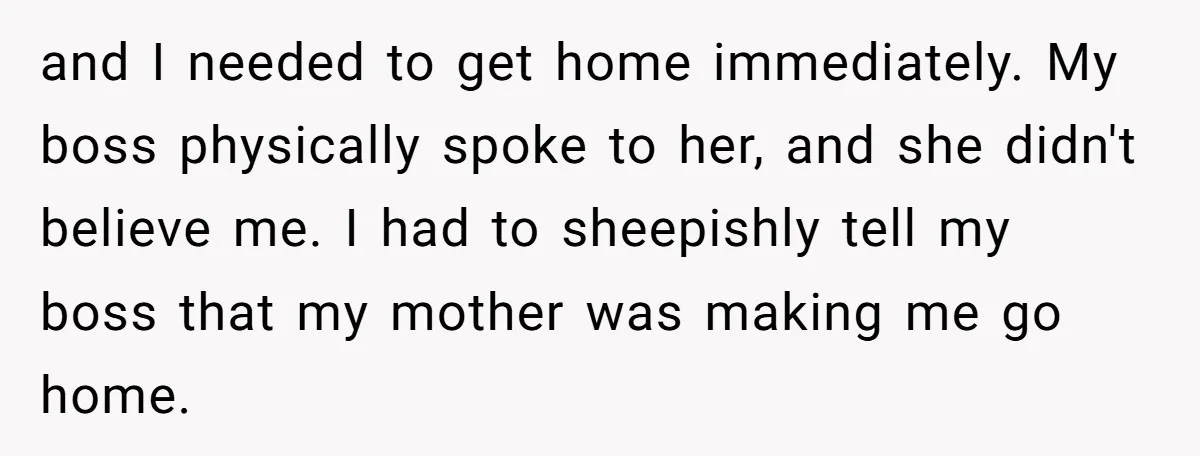 and I needed to get home immediately. My boss physically spoke to her, and she didn't believe me. I had to sheepishly tell my boss that my mother was making...