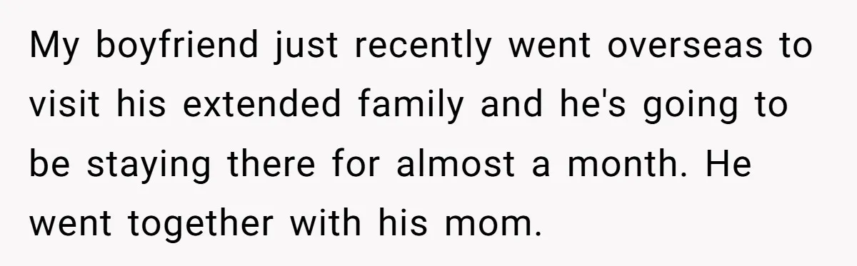 My boyfriend just recently went overseas to visit his extended family and he's going to be staying there for almost a month. He went together with his mom.