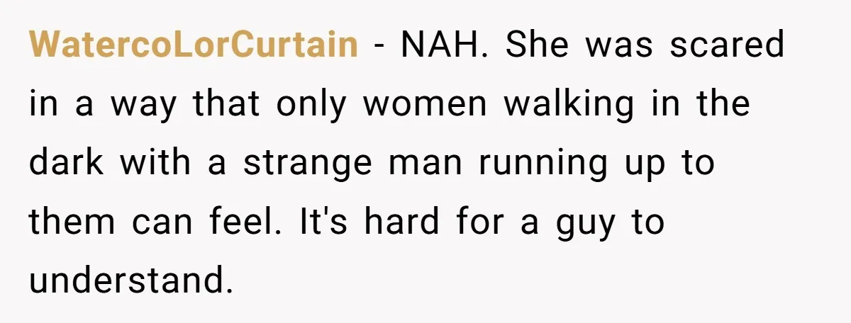 WatercoLorCurtain − NAH. She was scared in a way that only women walking in the dark with a strange man running up to them can feel. It's hard for a...