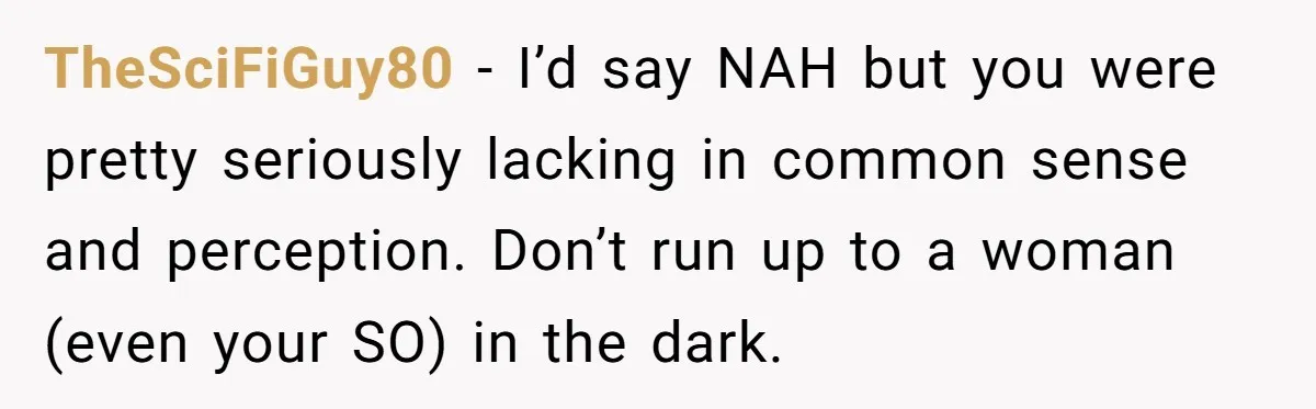 TheSciFiGuy80 − I’d say NAH but you were pretty seriously lacking in common sense and perception. Don’t run up to a woman (even your SO) in the dark.