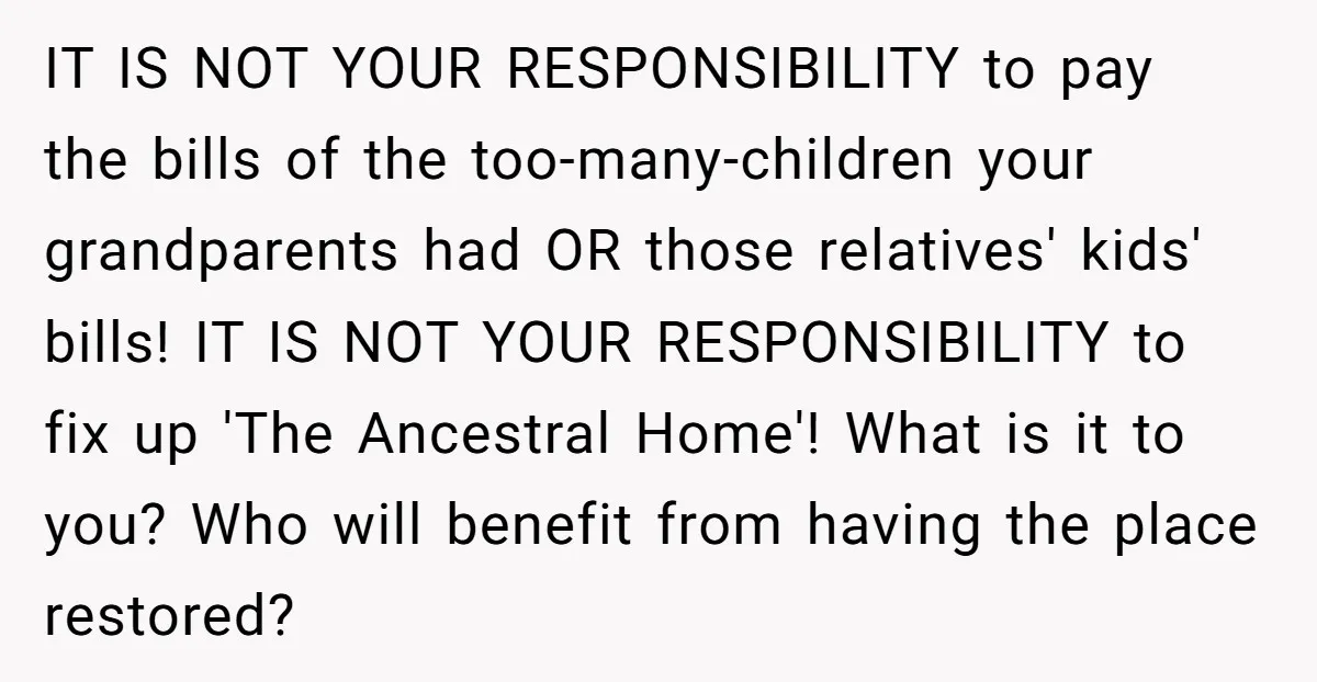 IT IS NOT YOUR RESPONSIBILITY to pay the bills of the too-many-children your grandparents had OR those relatives' kids' bills! IT IS NOT YOUR RESPONSIBILITY to fix up 'The Ancestral...