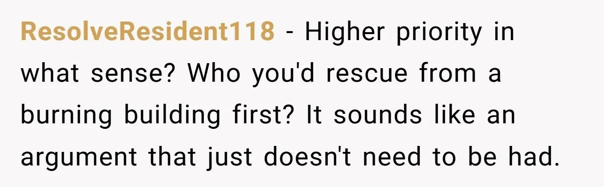 ResolveResident118 − Higher priority in what sense? Who you'd rescue from a burning building first? It sounds like an argument that just doesn't need to be had.