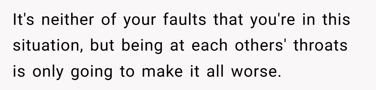 It's neither of your faults that you're in this situation, but being at each others' throats is only going to make it all worse.
