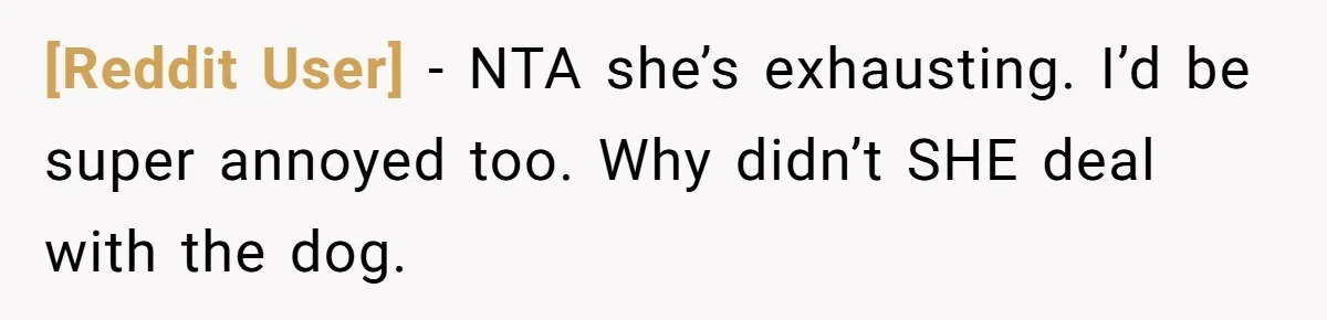 [Reddit User] − NTA she’s exhausting. I’d be super annoyed too. Why didn’t SHE deal with the dog.