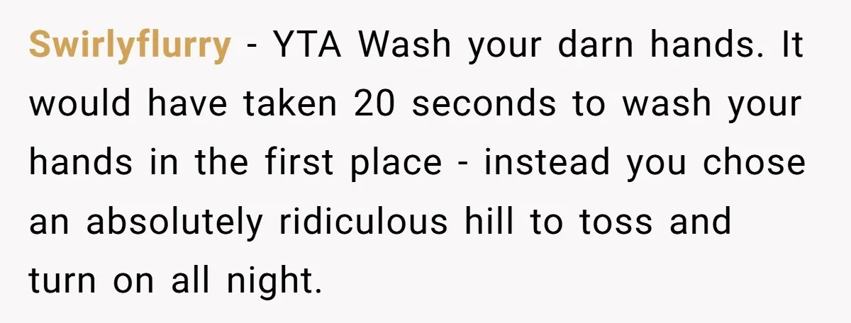 Swirlyflurry − YTA Wash your darn hands. It would have taken 20 seconds to wash your hands in the first place - instead you chose an absolutely ridiculous hill to...
