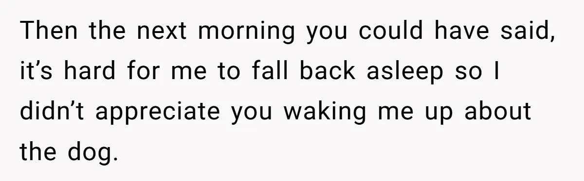 Then the next morning you could have said, it’s hard for me to fall back asleep so I didn’t appreciate you waking me up about the dog.
