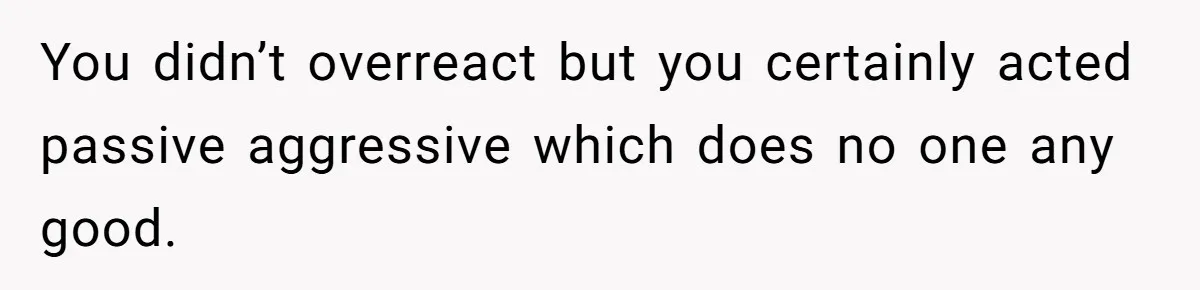You didn’t overreact but you certainly acted passive aggressive which does no one any good.