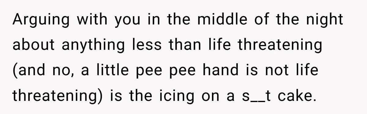 Arguing with you in the middle of the night about anything less than life threatening (and no, a little pee pee hand is not life threatening) is the icing on...