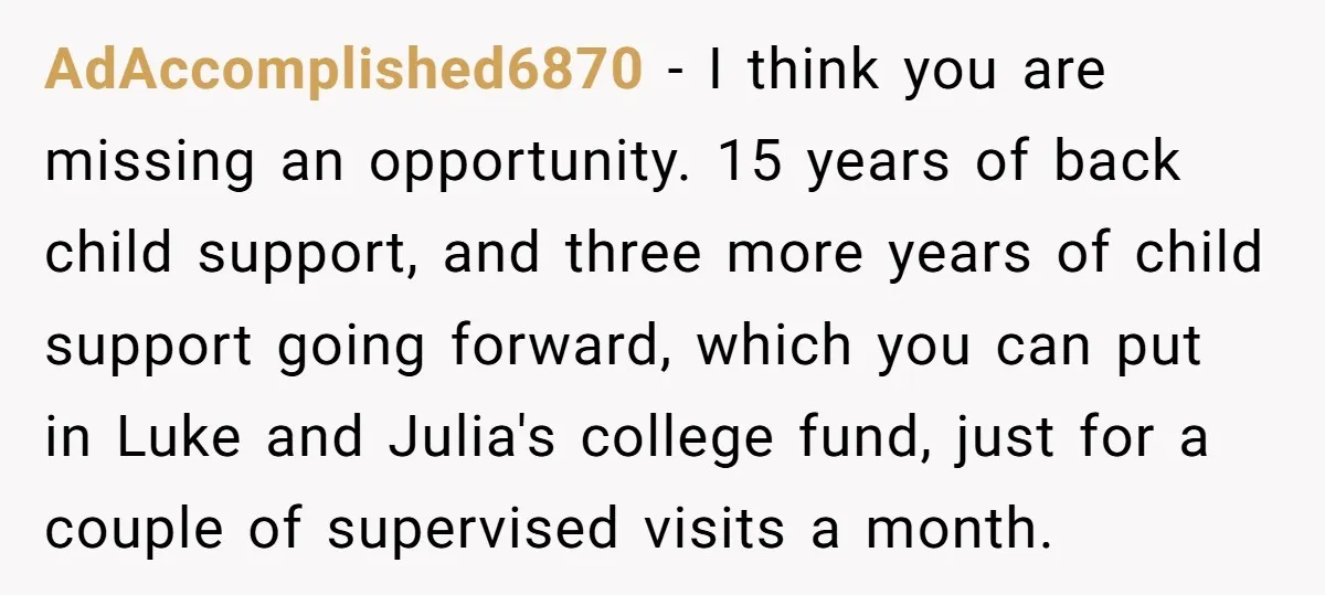 AdAccomplished6870 - I think you are missing an opportunity. 15 years of back child support, and three more years of child support going forward, which you can put in Luke...