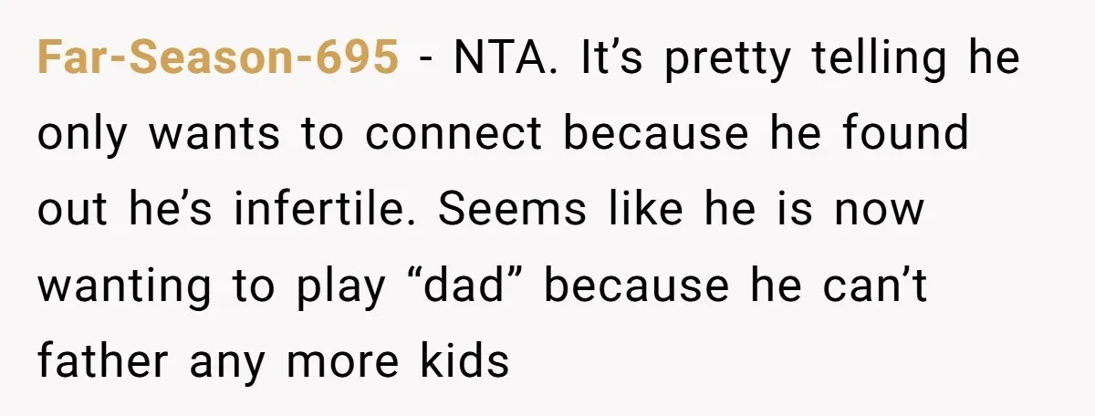 Far-Season-695 - NTA. It’s pretty telling he only wants to connect because he found out he’s infertile. Seems like he is now wanting to play “dad” because he can’t father...