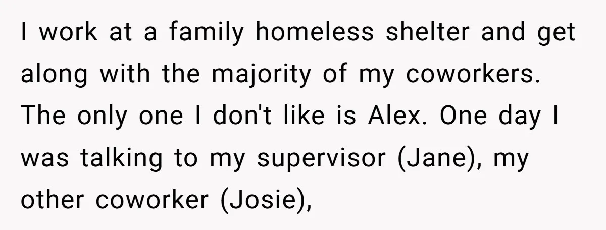 I work at a family homeless shelter and get along with the majority of my coworkers. The only one I don't like is Alex. One day I was talking to...