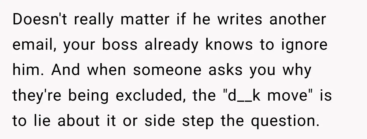 Doesn't really matter if he writes another email, your boss already knows to ignore him. And when someone asks you why they're being excluded, the "d__k move" is to lie...