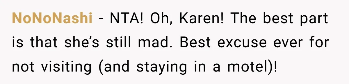 NoNoNashi − NTA! Oh, Karen! The best part is that she’s still mad. Best excuse ever for not visiting (and staying in a motel)!