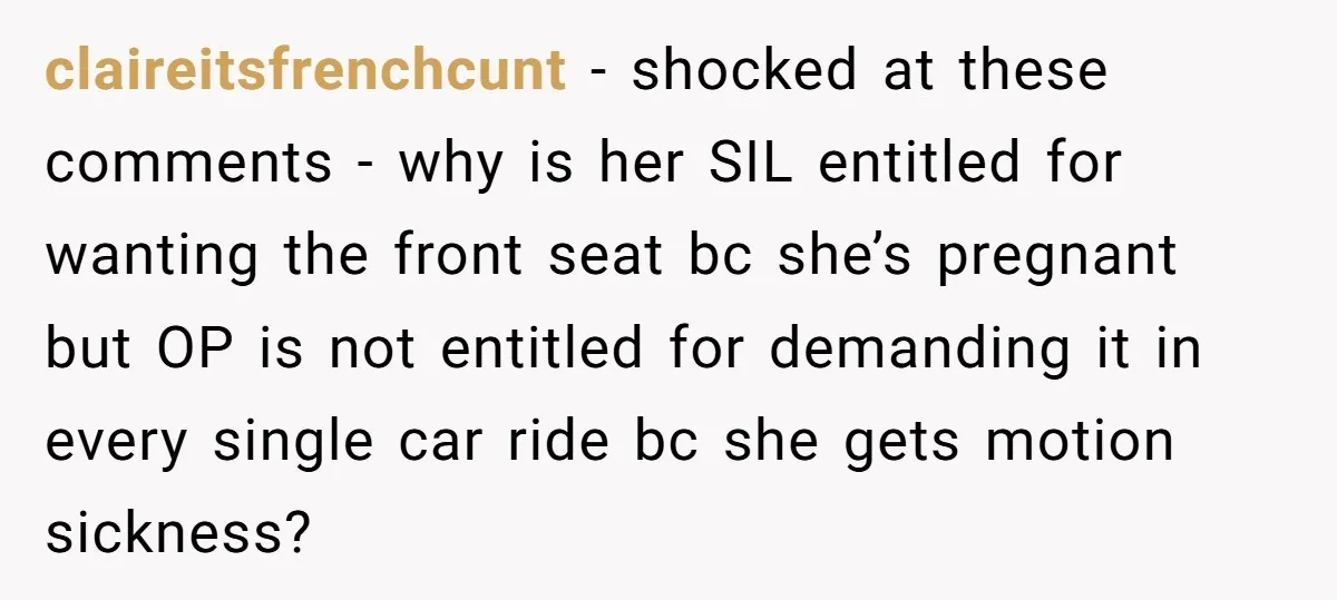 claireitsfrenchcunt - shocked at these comments - why is her SIL entitled for wanting the front seat bc she’s pregnant but OP is not entitled for demanding it in every...