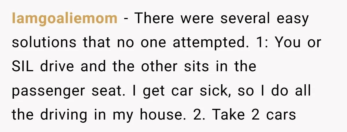 Iamgoaliemom - There were several easy solutions that no one attempted. 1: You or SIL drive and the other sits in the passenger seat. I get car sick, so I...