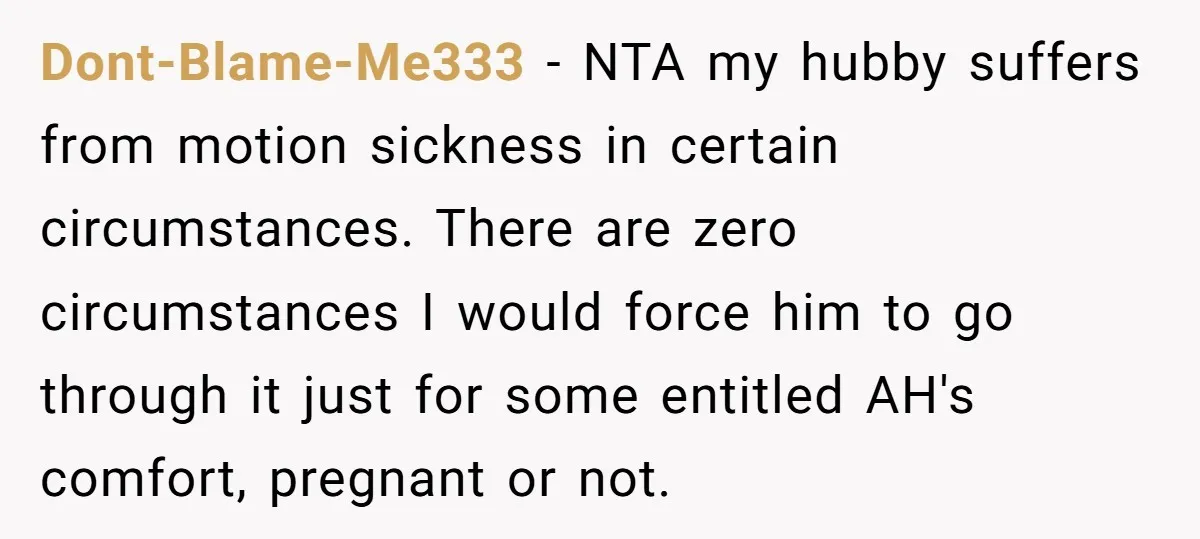 Dont-Blame-Me333 - NTA my hubby suffers from motion sickness in certain circumstances. There are zero circumstances I would force him to go through it just for some entitled AH's comfort,...