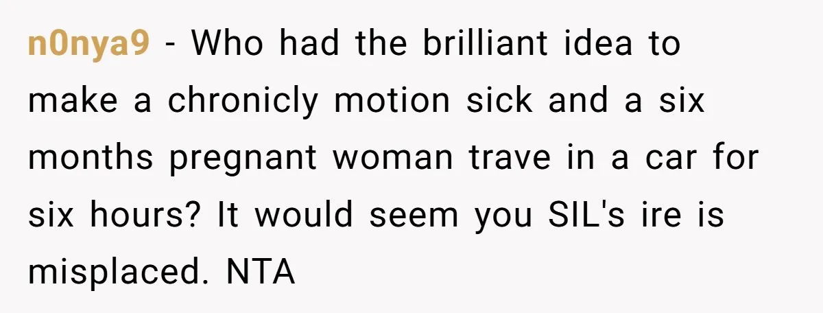 n0nya9 - Who had the brilliant idea to make a chronicly motion sick and a six months pregnant woman trave in a car for six hours? It would seem you...