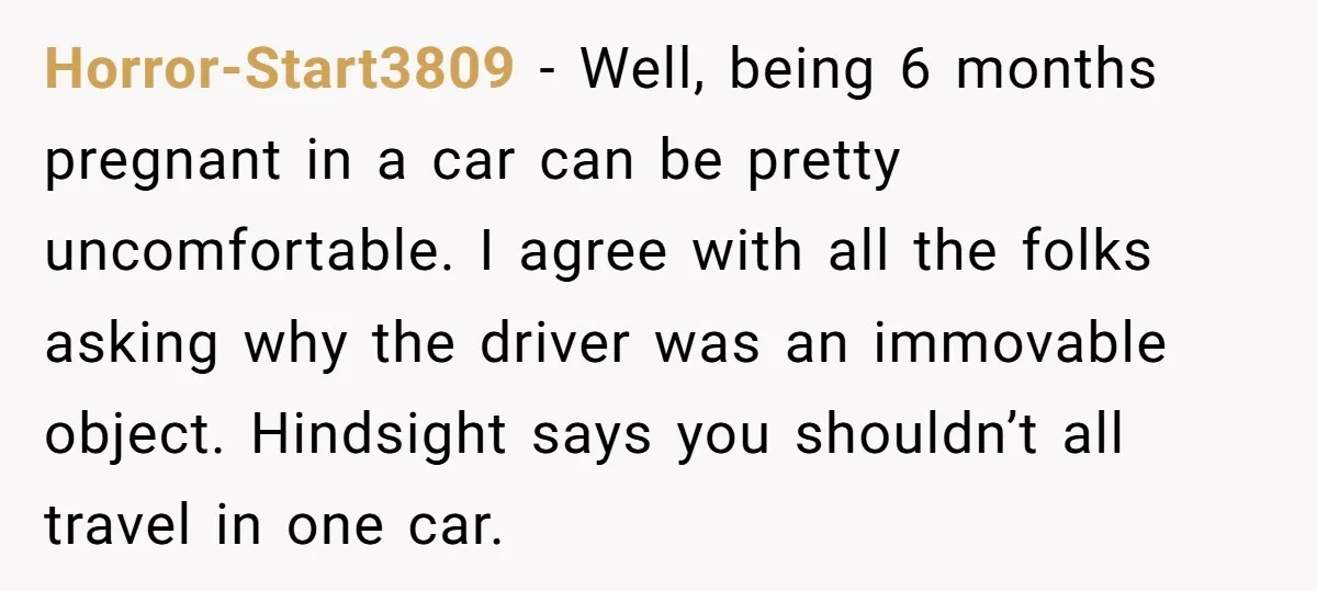 Horror-Start3809 - Well, being 6 months pregnant in a car can be pretty uncomfortable. I agree with all the folks asking why the driver was an immovable object. Hindsight says...