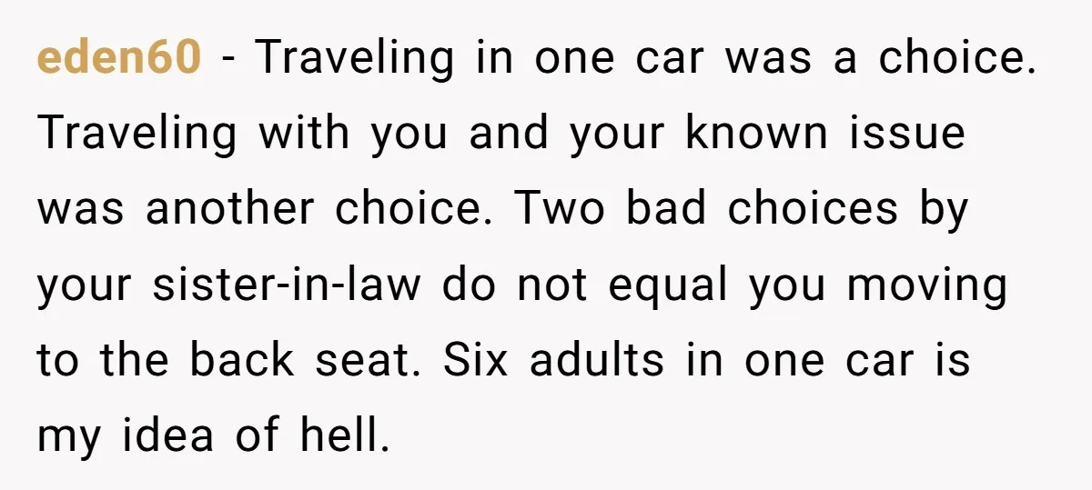eden60 - Traveling in one car was a choice. Traveling with you and your known issue was another choice. Two bad choices by your sister-in-law do not equal you moving...