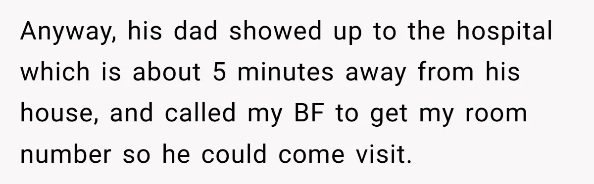 Anyway, his dad showed up to the hospital which is about 5 minutes away from his house, and called my BF to get my room number so he could come...