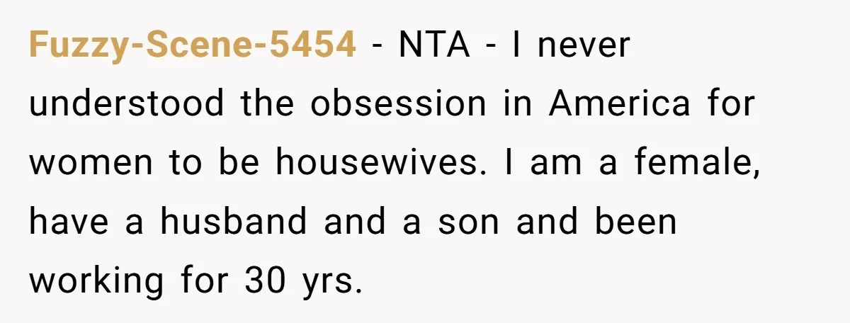 Fuzzy-Scene-5454 − NTA - I never understood the obsession in America for women to be housewives. I am a female, have a husband and a son and been working for...