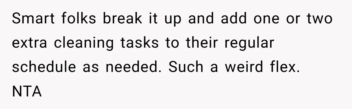 Smart folks break it up and add one or two extra cleaning tasks to their regular schedule as needed. Such a weird flex. NTA