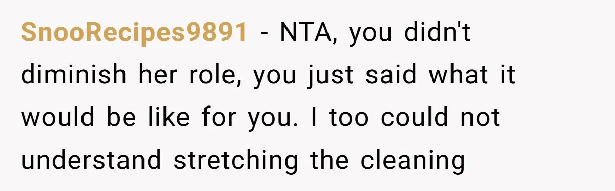 SnooRecipes9891 − NTA, you didn't diminish her role, you just said what it would be like for you. I too could not understand stretching the cleaning