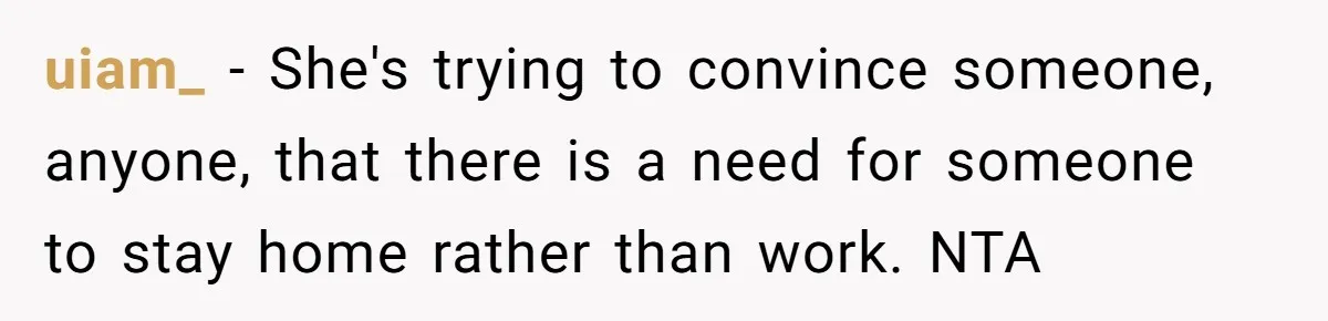 uiam_ − She's trying to convince someone, anyone, that there is a need for someone to stay home rather than work. NTA