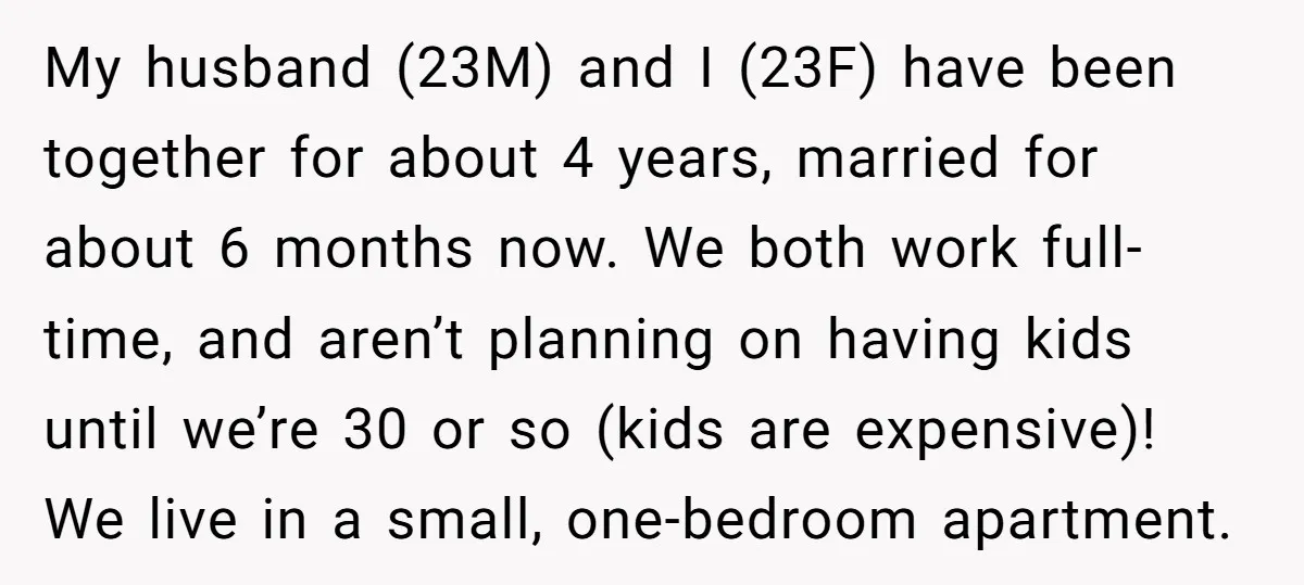 My husband (23M) and I (23F) have been together for about 4 years, married for about 6 months now. We both work full-time, and aren’t planning on having kids until...