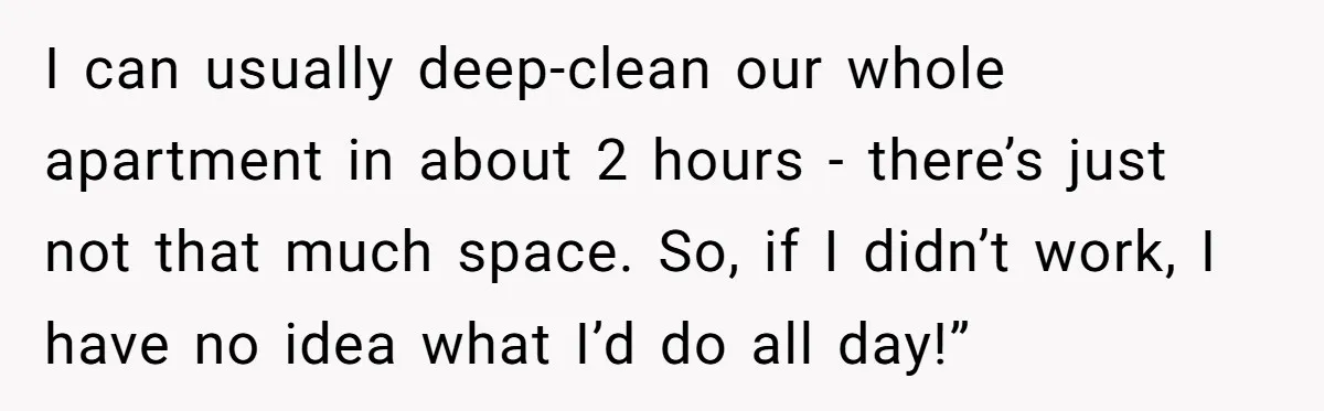 I can usually deep-clean our whole apartment in about 2 hours - there’s just not that much space. So, if I didn’t work, I have no idea what I’d do...