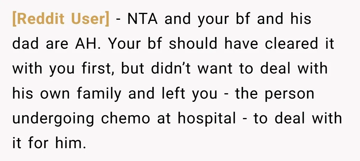 [Reddit User] − NTA and your bf and his dad are AH. Your bf should have cleared it with you first, but didn’t want to deal with his own family...