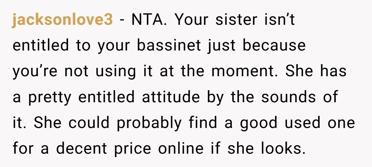 jacksonlove3 − NTA. Your sister isn’t entitled to your bassinet just because you’re not using it at the moment. She has a pretty entitled attitude by the sounds of it....