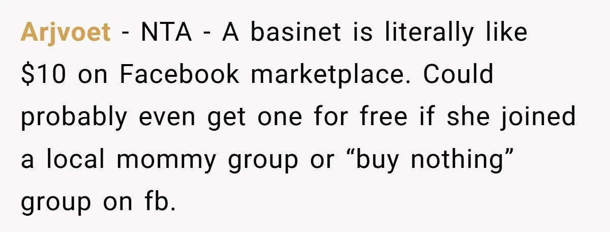 Arjvoet − NTA - A basinet is literally like $10 on Facebook marketplace. Could probably even get one for free if she joined a local mommy group or “buy nothing”...