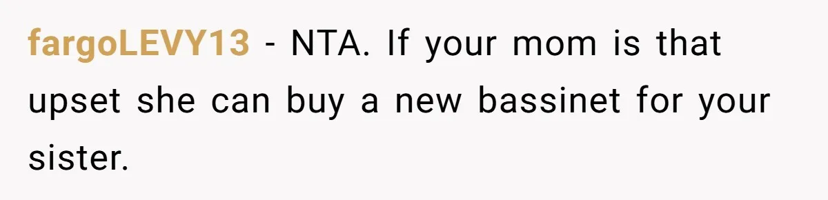 fargoLEVY13 − NTA. If your mom is that upset she can buy a new bassinet for your sister.