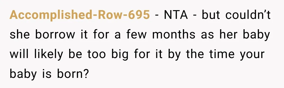 Accomplished-Row-695 − NTA - but couldn’t she borrow it for a few months as her baby will likely be too big for it by the time your baby is born?